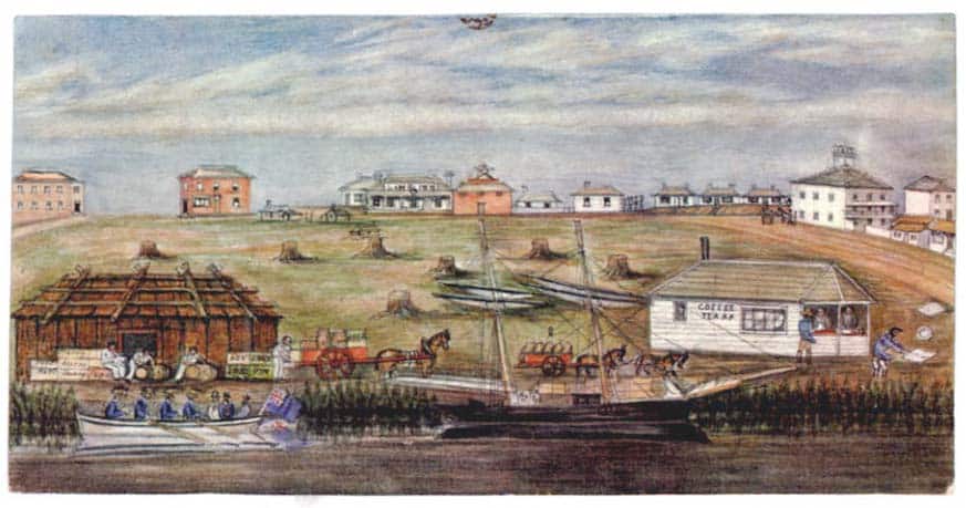 Landing at Melbourne – watercolor by W. Liardet (1840)