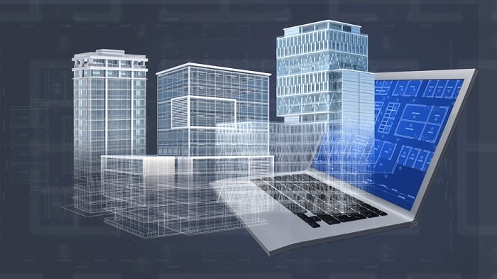 Architecture project blueprint background with 3D buildings model and computer