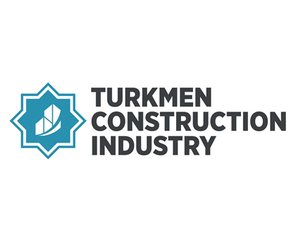 Turkmen Construction Industry logo featuring a blue geometric emblem with a stylized building icon and the text “Turkmen Construction Industry.”