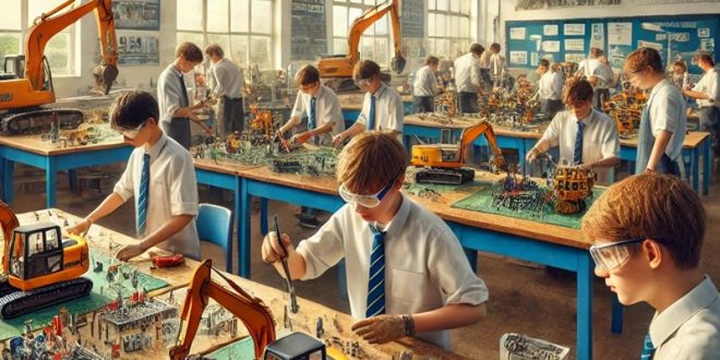 Secondary school students engaged in building small model excavators. The room is filled with tools, model parts, and e